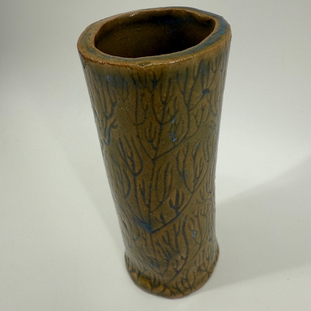 Studio Pottery Bud Vase Brown Blue Glaze 5.5" Signed FM Tree Branch Design